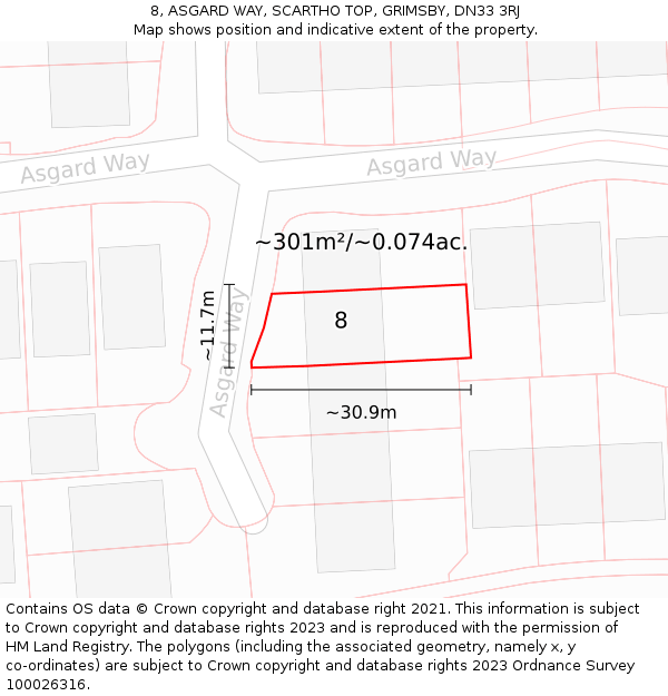 8, ASGARD WAY, SCARTHO TOP, GRIMSBY, DN33 3RJ: Plot and title map