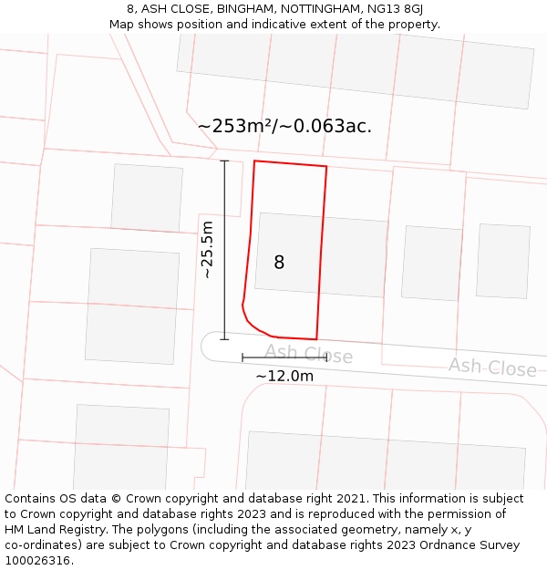 8, ASH CLOSE, BINGHAM, NOTTINGHAM, NG13 8GJ: Plot and title map
