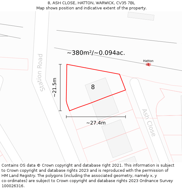 8, ASH CLOSE, HATTON, WARWICK, CV35 7BL: Plot and title map