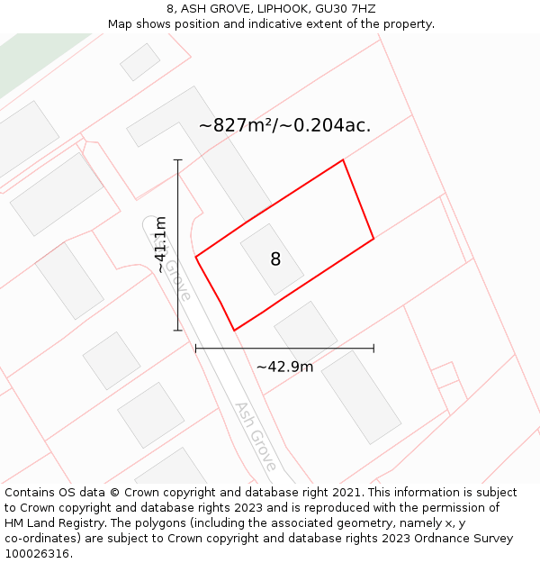 8, ASH GROVE, LIPHOOK, GU30 7HZ: Plot and title map