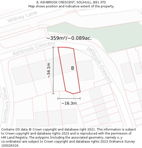 8, ASHBROOK CRESCENT, SOLIHULL, B91 3TD: Plot and title map