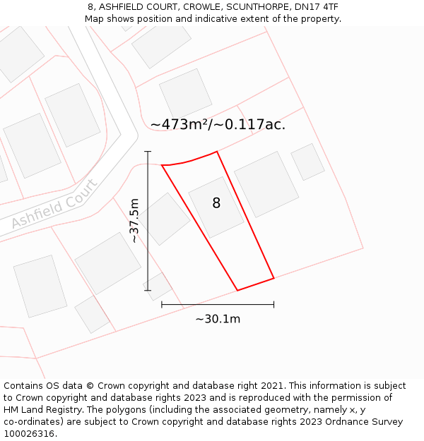 8, ASHFIELD COURT, CROWLE, SCUNTHORPE, DN17 4TF: Plot and title map