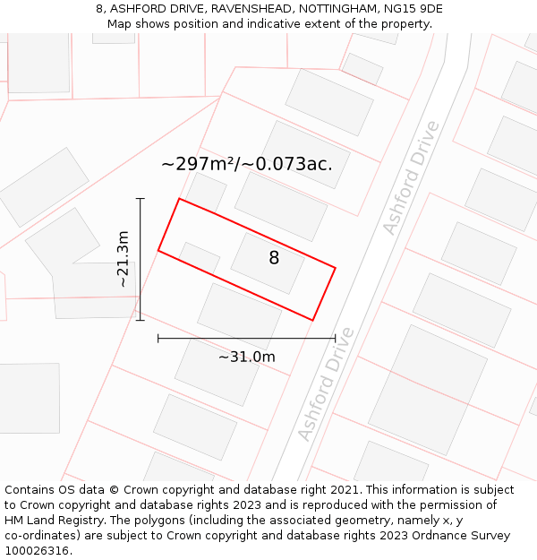 8, ASHFORD DRIVE, RAVENSHEAD, NOTTINGHAM, NG15 9DE: Plot and title map