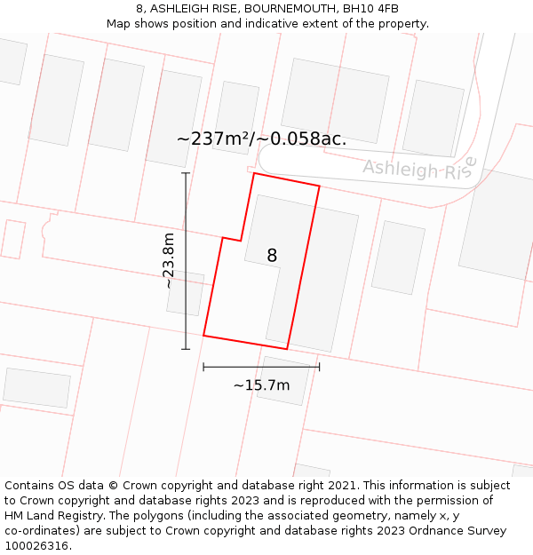 8, ASHLEIGH RISE, BOURNEMOUTH, BH10 4FB: Plot and title map