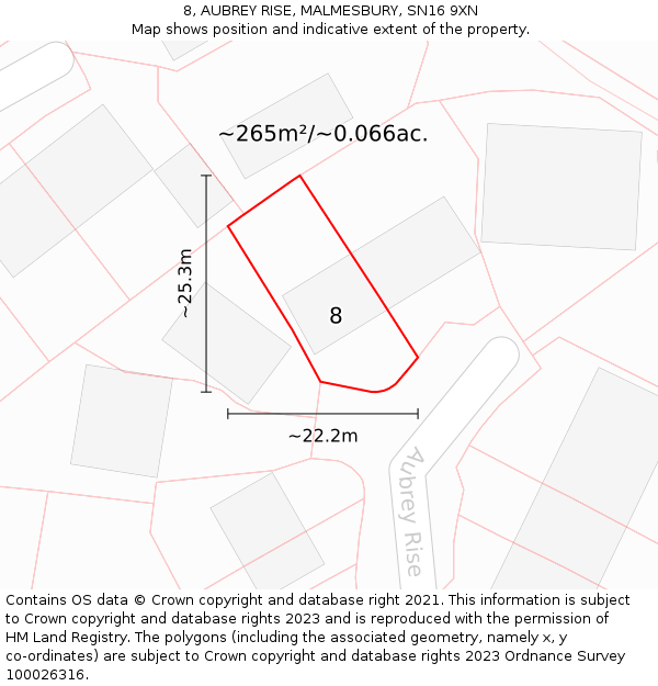 8, AUBREY RISE, MALMESBURY, SN16 9XN: Plot and title map