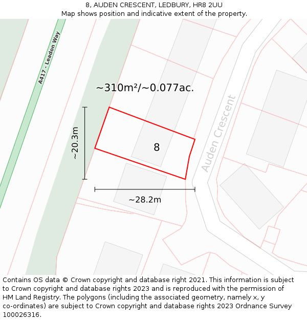 8, AUDEN CRESCENT, LEDBURY, HR8 2UU: Plot and title map