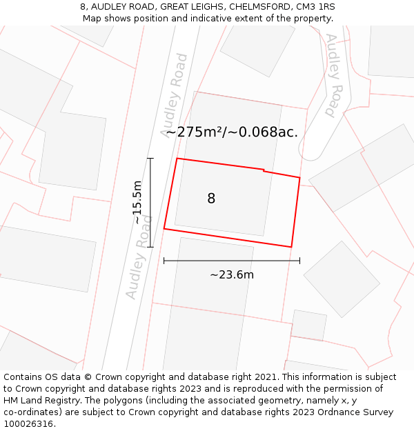 8, AUDLEY ROAD, GREAT LEIGHS, CHELMSFORD, CM3 1RS: Plot and title map