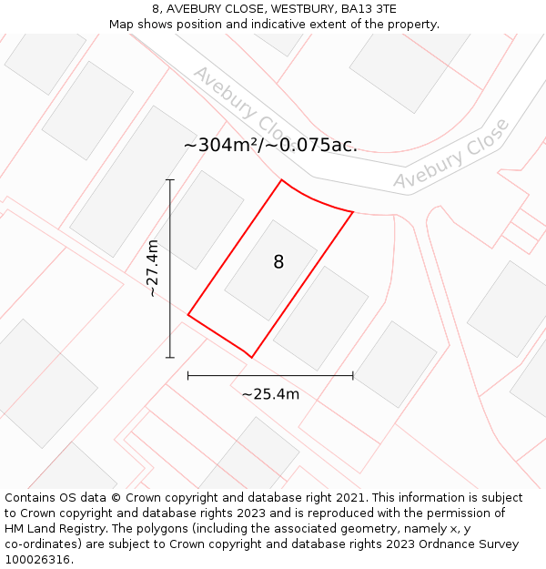 8, AVEBURY CLOSE, WESTBURY, BA13 3TE: Plot and title map