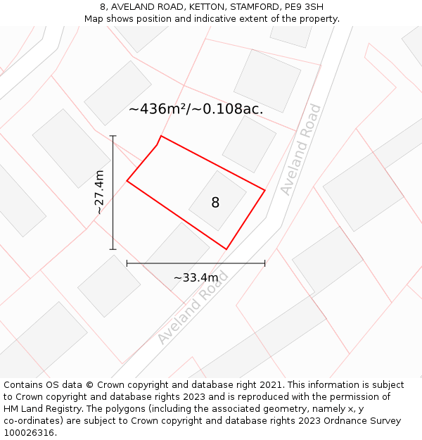 8, AVELAND ROAD, KETTON, STAMFORD, PE9 3SH: Plot and title map