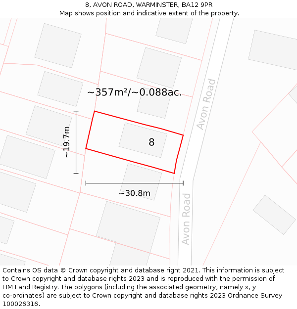 8, AVON ROAD, WARMINSTER, BA12 9PR: Plot and title map