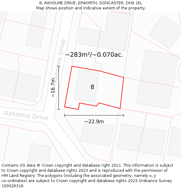 8, AXHOLME DRIVE, EPWORTH, DONCASTER, DN9 1EL: Plot and title map