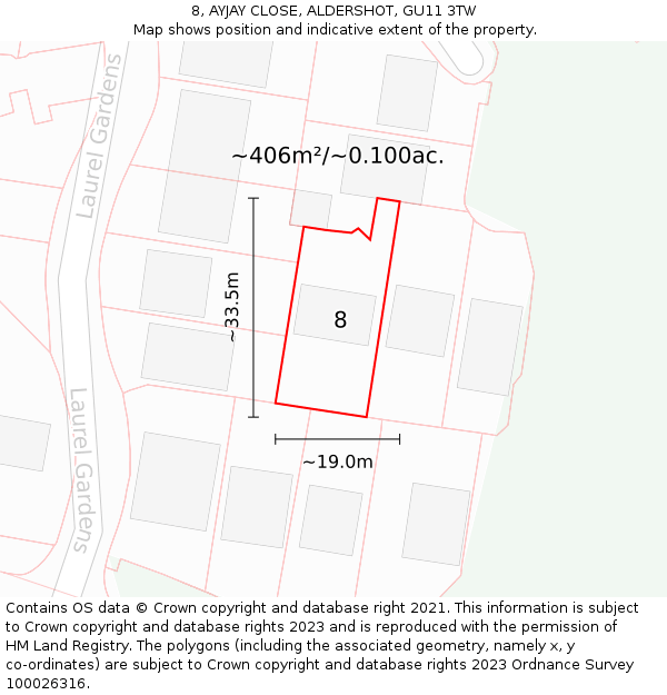 8, AYJAY CLOSE, ALDERSHOT, GU11 3TW: Plot and title map