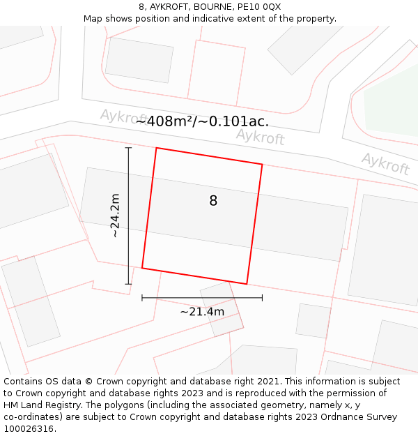 8, AYKROFT, BOURNE, PE10 0QX: Plot and title map