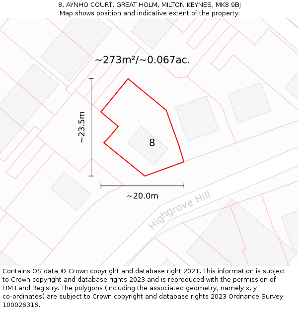 8, AYNHO COURT, GREAT HOLM, MILTON KEYNES, MK8 9BJ: Plot and title map