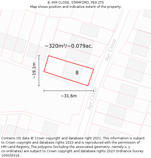 8, AYR CLOSE, STAMFORD, PE9 2TS: Plot and title map