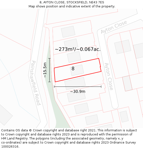 8, AYTON CLOSE, STOCKSFIELD, NE43 7ES: Plot and title map