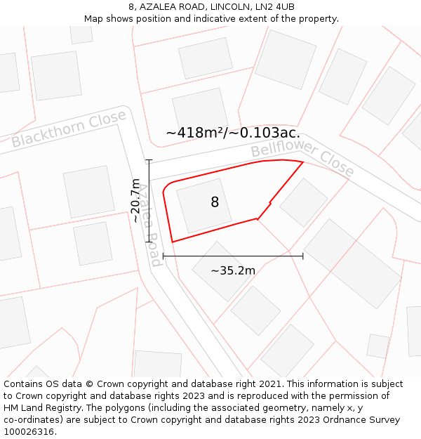 8, AZALEA ROAD, LINCOLN, LN2 4UB: Plot and title map