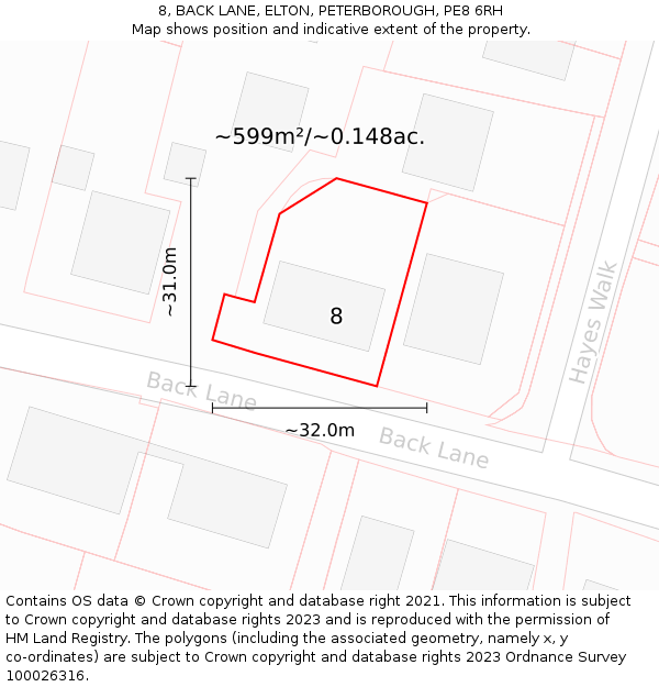 8, BACK LANE, ELTON, PETERBOROUGH, PE8 6RH: Plot and title map