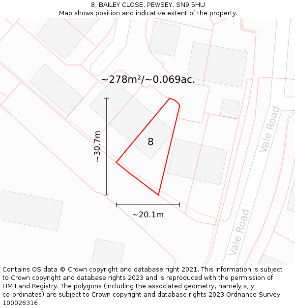 8, BAILEY CLOSE, PEWSEY, SN9 5HU: Plot and title map