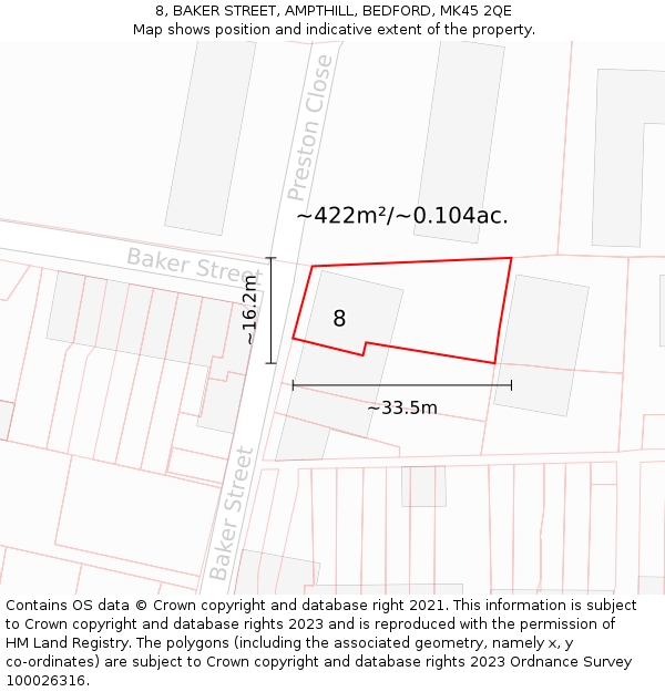 8, BAKER STREET, AMPTHILL, BEDFORD, MK45 2QE: Plot and title map