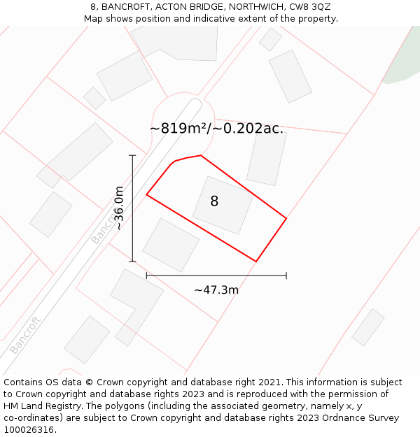 8, BANCROFT, ACTON BRIDGE, NORTHWICH, CW8 3QZ: Plot and title map