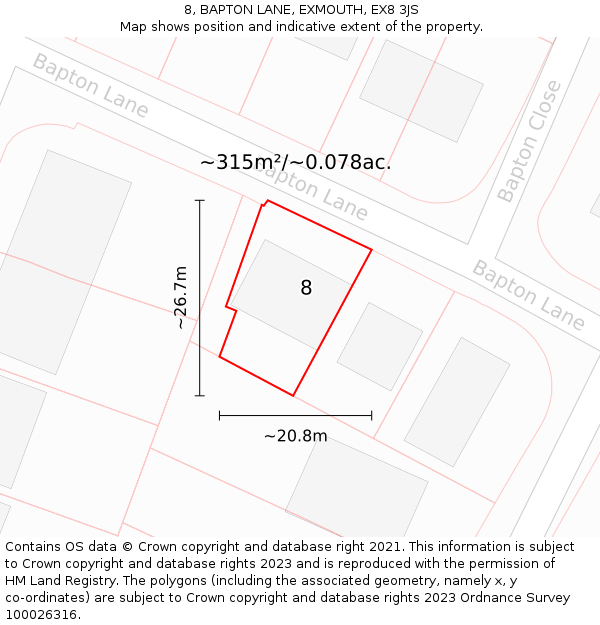 8, BAPTON LANE, EXMOUTH, EX8 3JS: Plot and title map