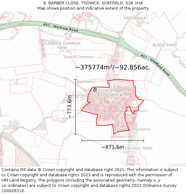8, BARBER CLOSE, TODWICK, SHEFFIELD, S26 1HA: Plot and title map