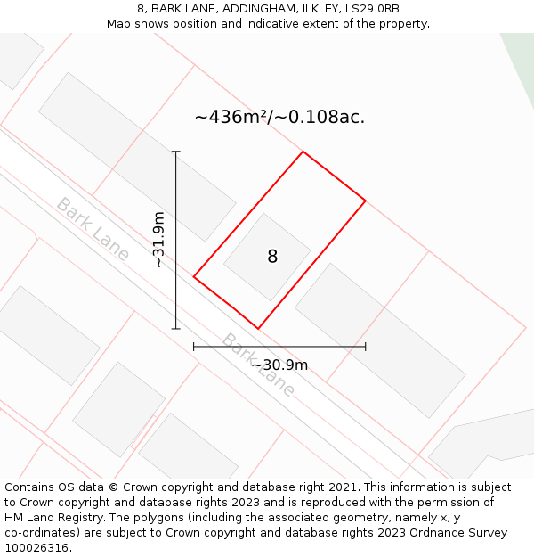 8, BARK LANE, ADDINGHAM, ILKLEY, LS29 0RB: Plot and title map