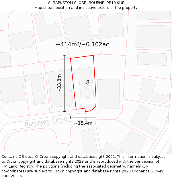 8, BARKSTON CLOSE, BOURNE, PE10 9UB: Plot and title map