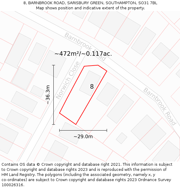 8, BARNBROOK ROAD, SARISBURY GREEN, SOUTHAMPTON, SO31 7BL: Plot and title map