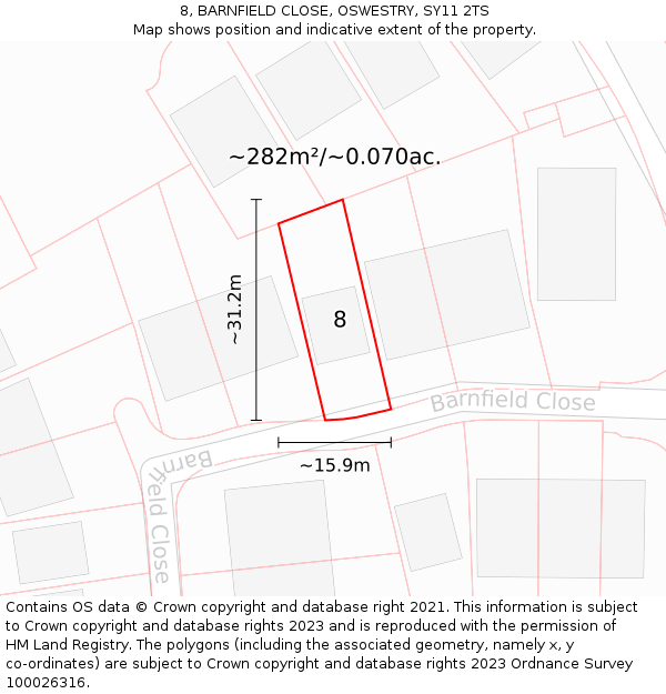 8, BARNFIELD CLOSE, OSWESTRY, SY11 2TS: Plot and title map