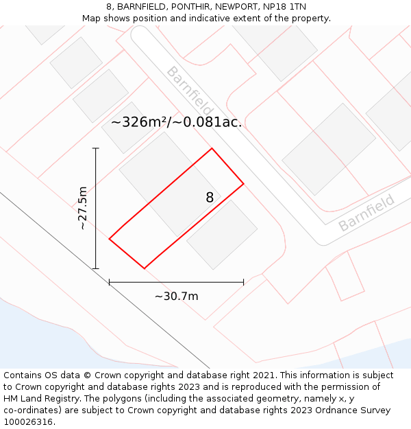 8, BARNFIELD, PONTHIR, NEWPORT, NP18 1TN: Plot and title map