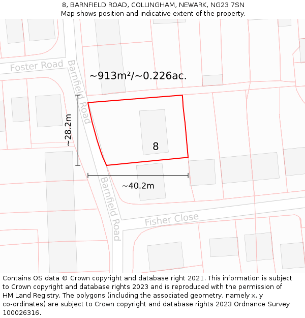 8, BARNFIELD ROAD, COLLINGHAM, NEWARK, NG23 7SN: Plot and title map