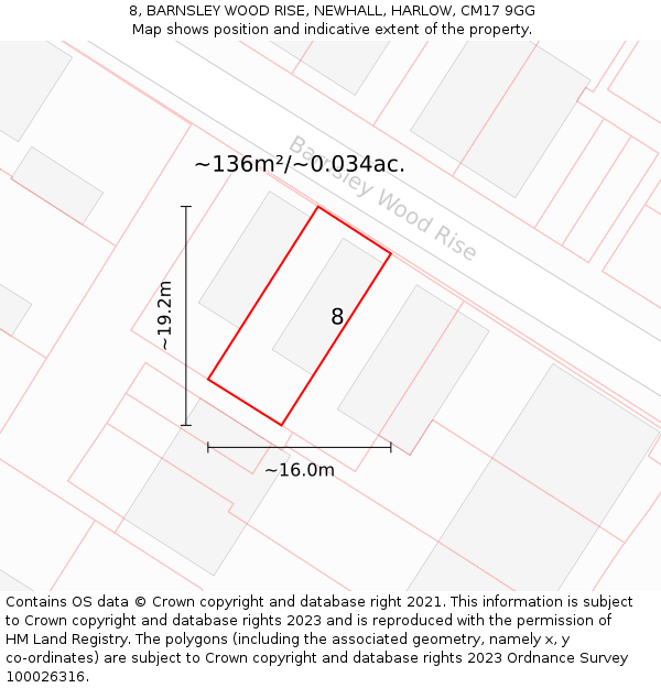 8, BARNSLEY WOOD RISE, NEWHALL, HARLOW, CM17 9GG: Plot and title map