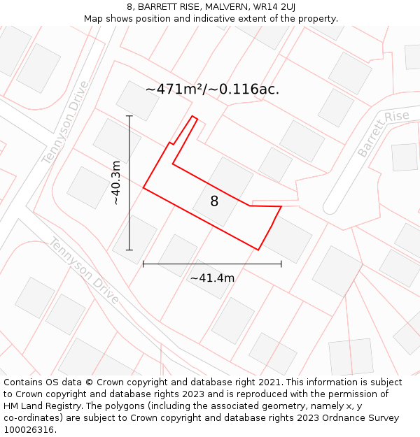 8, BARRETT RISE, MALVERN, WR14 2UJ: Plot and title map