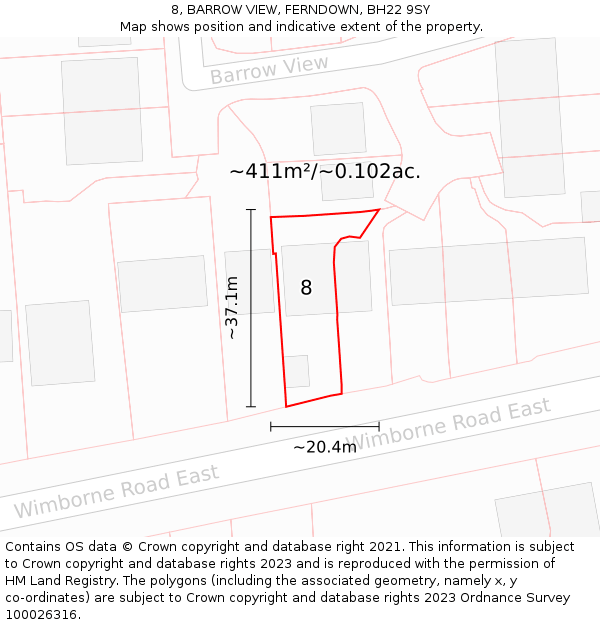 8, BARROW VIEW, FERNDOWN, BH22 9SY: Plot and title map