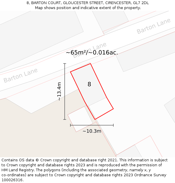 8, BARTON COURT, GLOUCESTER STREET, CIRENCESTER, GL7 2DL: Plot and title map