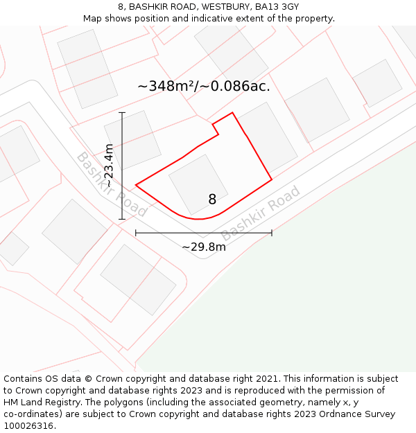 8, BASHKIR ROAD, WESTBURY, BA13 3GY: Plot and title map