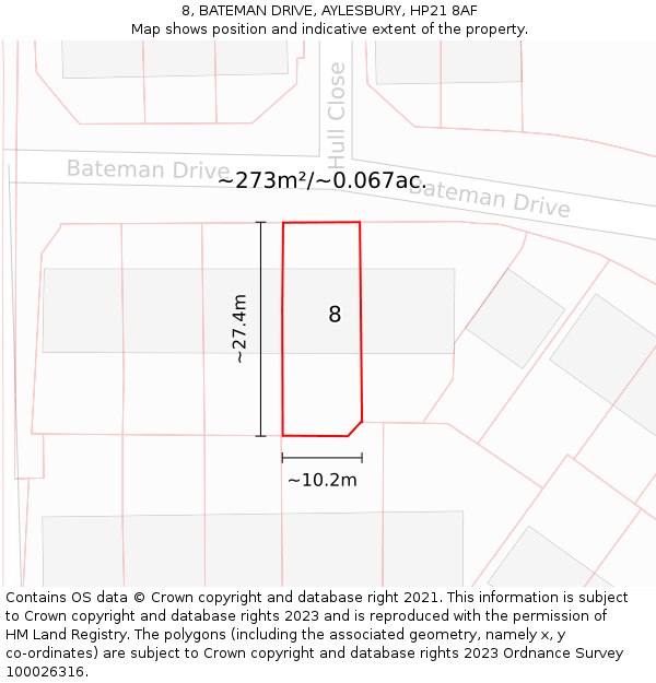 8, BATEMAN DRIVE, AYLESBURY, HP21 8AF: Plot and title map