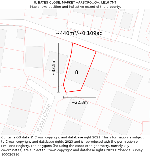 8, BATES CLOSE, MARKET HARBOROUGH, LE16 7NT: Plot and title map