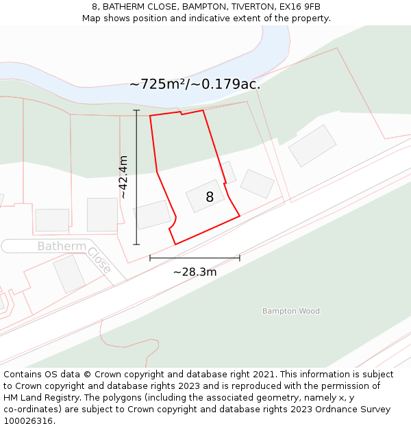 8, BATHERM CLOSE, BAMPTON, TIVERTON, EX16 9FB: Plot and title map