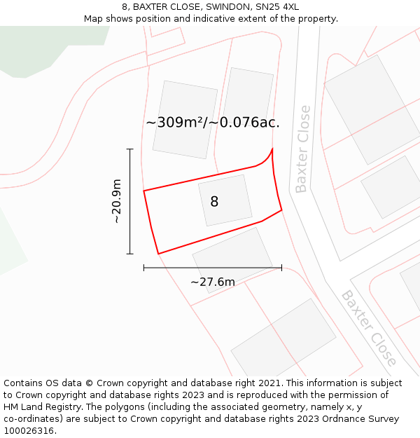 8, BAXTER CLOSE, SWINDON, SN25 4XL: Plot and title map