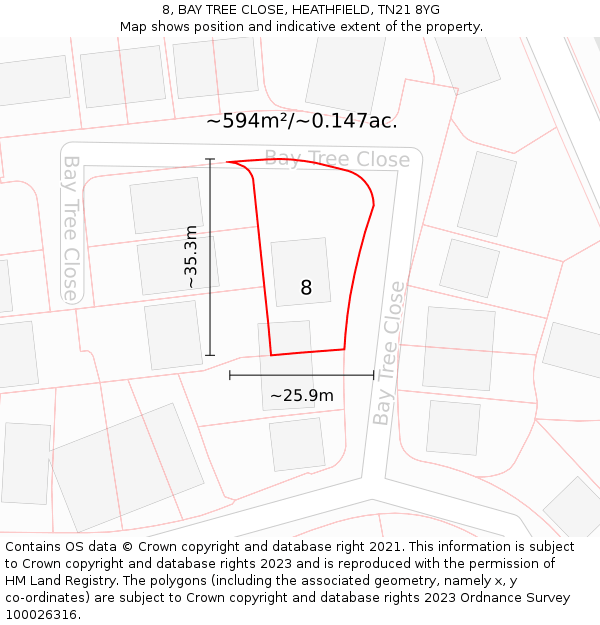 8, BAY TREE CLOSE, HEATHFIELD, TN21 8YG: Plot and title map