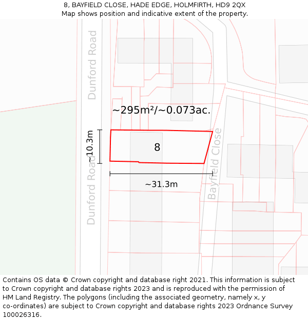 8, BAYFIELD CLOSE, HADE EDGE, HOLMFIRTH, HD9 2QX: Plot and title map