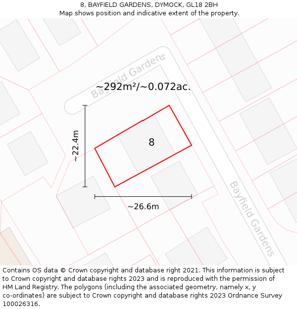 8, BAYFIELD GARDENS, DYMOCK, GL18 2BH: Plot and title map