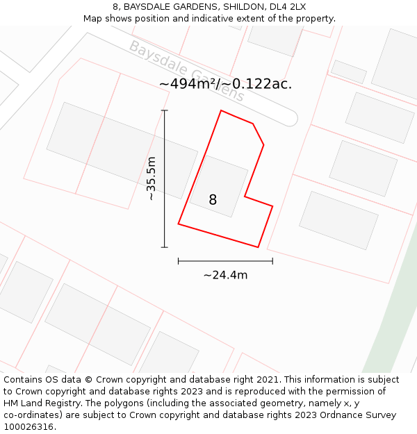 8, BAYSDALE GARDENS, SHILDON, DL4 2LX: Plot and title map