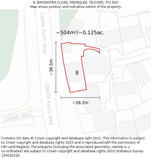 8, BAYSWATER CLOSE, PRIORSLEE, TELFORD, TF2 9GY: Plot and title map