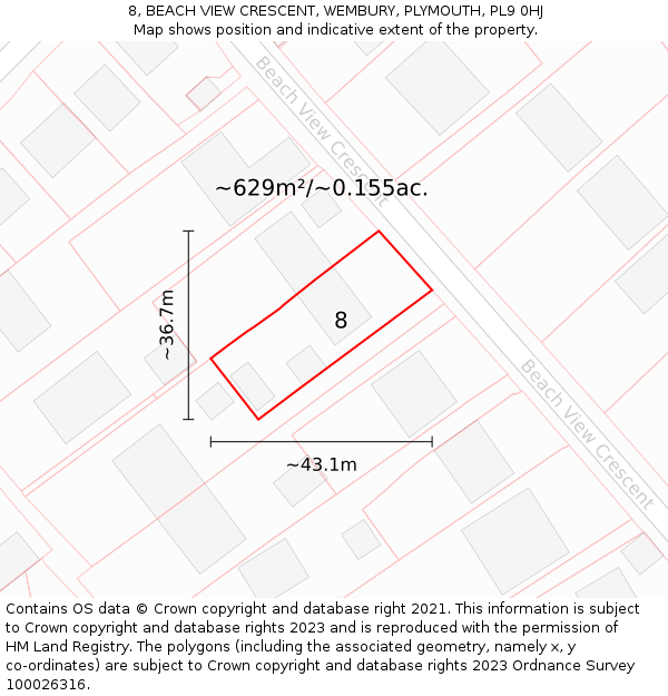 8, BEACH VIEW CRESCENT, WEMBURY, PLYMOUTH, PL9 0HJ: Plot and title map