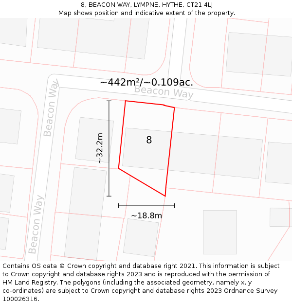 8, BEACON WAY, LYMPNE, HYTHE, CT21 4LJ: Plot and title map