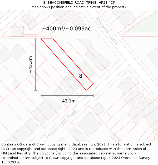 8, BEACONSFIELD ROAD, TRING, HP23 4DP: Plot and title map